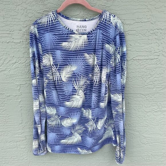 Hang Ten Women's XL Blue Palm Stripe Sun Protection Long Sleeve Surf Top - Picture 1 of 10